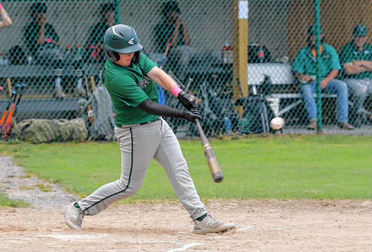 Greenfield’s Chase Zraunig cracks a two-run double against Westfield Tech during an MIAA Div. 5 Round of 16 game at Veterans Field in Greenfield on Tuesday. 