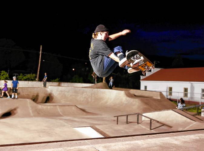 Unity Skatepark in Turners Falls is illuminated during a special event to celebrate International Go Skateboarding Day in 2019. New lighting is being installed at the skate park to allow for extended use into the evening hours and for continued wintertime use.