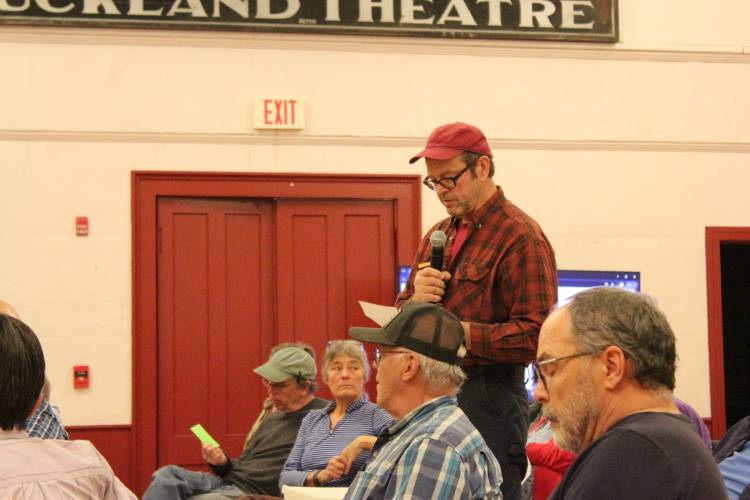 Buckland Planning Board Co-Chair John Gould speaks against discontinuing a portion of Old Upper Street during Special Town Meeting on Tuesday at Buckland Town Hall.