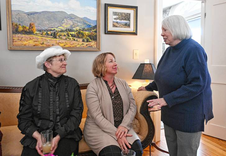 Mary Lyon, played by Katherine McKay, Mary Lyon Foundation Executive Director Kristen Tillona-Baker and former Executive Director Susan Samoriski at a celebratory luncheon in Shelburne Falls to mark the birthday of the late Mary Lyon.