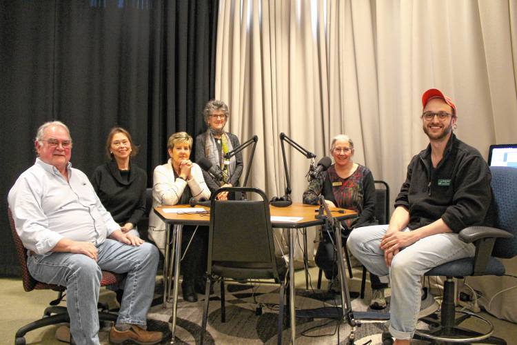 Guests and Backyard Oasis podcast volunteers gather at Greenfield Community College on Friday to celebrate reaching 50 episodes of the show. From left are Dan Conlon, Denise Schwartz, Judy Raper, Bela Breslau, Meg Ryan and Alex Audette. Guests and Backyard Oasis podcast volunteers gather at Greenfield Community College on Friday to celebrate reaching 50 episodes of the show. From left are Dan Conlon, Denise Schwartz, Judy Raper, Bela Breslau, Meg Ryan and Alex Audette.