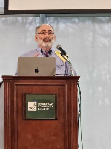 Resilient Greenfield founder Bram Moreinis speaks during a launch event at Greenfield Community College on Saturday.