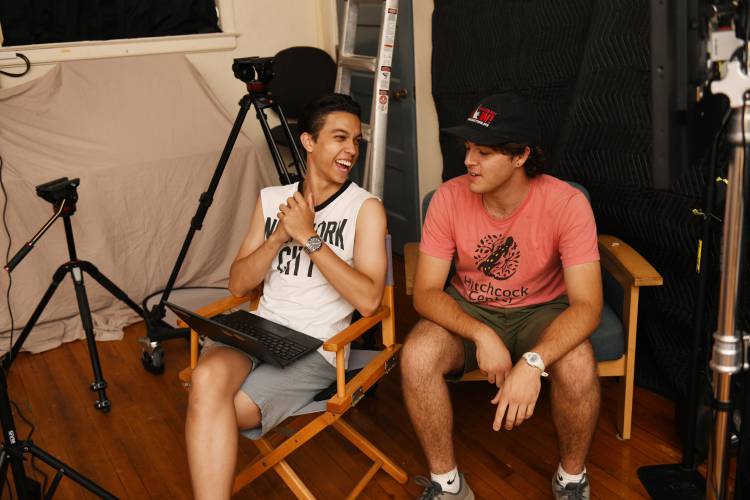 Director Connor Mabius, left, with crew member Leo Franceschi at FCAT studios in the Sunderland Town Offices during filming of “Averted.”