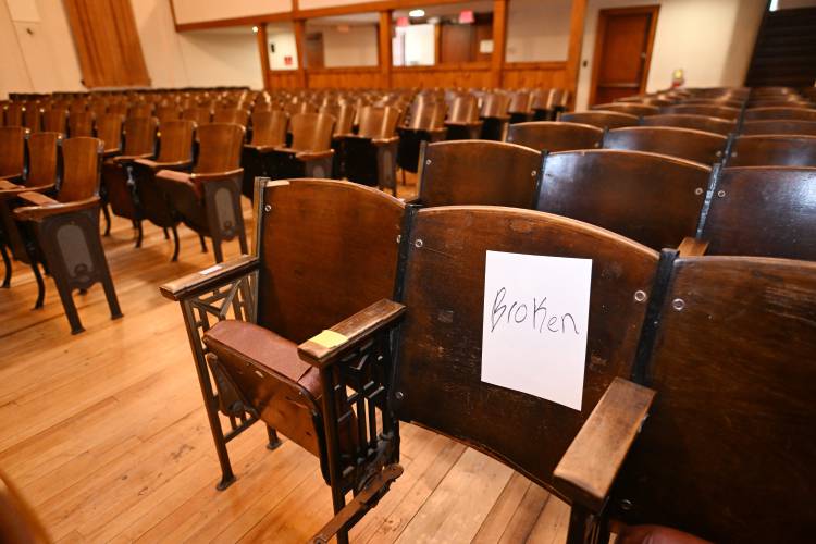 The existing seats in the theater at Memorial Hall in Shelburne Falls. 