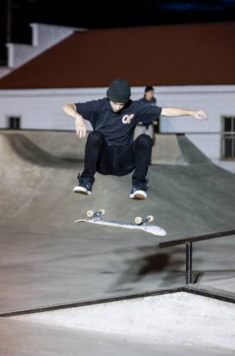 Unity Skatepark in Turners Falls is illuminated during a special event to celebrate International Go Skateboarding Day in 2019. New lighting is being installed at the skate park to allow for extended use into the evening hours and for continued wintertime use.