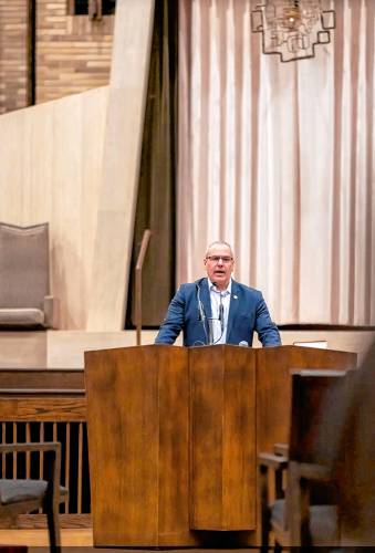 The Jewish Federation of Western Massachusetts has entered into a three-year, $200,000-a-year partnership with the Secure Community Network (SCN) to strengthen and enhance security measures at congregations, schools and organizations throughout the region. The effort will be led by Andrew Hoffman, pictured at Temple Beth El in Springfield earlier this month.  