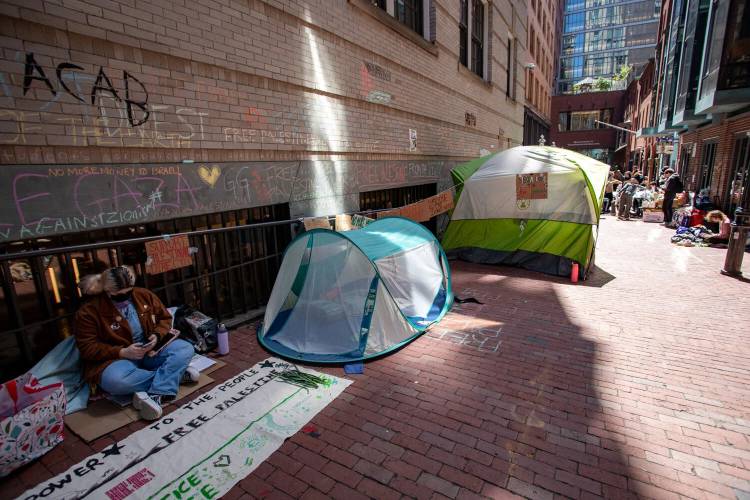 Tents fill part of Boylston Place in Boston, an alley running along part of Emerson College’s campus, during a pro-Palestine encampment.