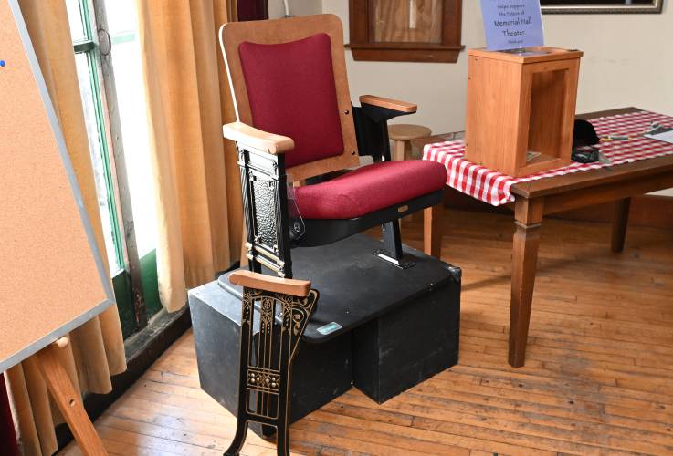 A sample of the replacement chairs that will be installed in the theater at Memorial Hall in Shelburne Falls.
