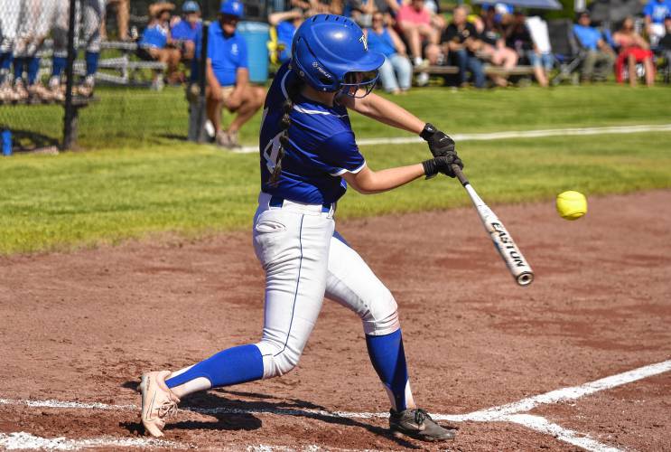 Turners Falls’ Mia Marigliano (14) puts the ball in play during the Thunder’s victory over Academy of Notre Dame in the MIAA Division 5 Round of 32 on Monday at Gary Mullins Field in Turners Falls.