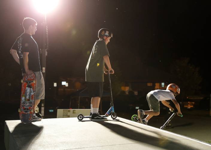 Unity Skatepark in Turners Falls is illuminated during a special event to celebrate International Go Skateboarding Day in 2019. New lighting is being installed at the skate park to allow for extended use into the evening hours and for continued wintertime use.