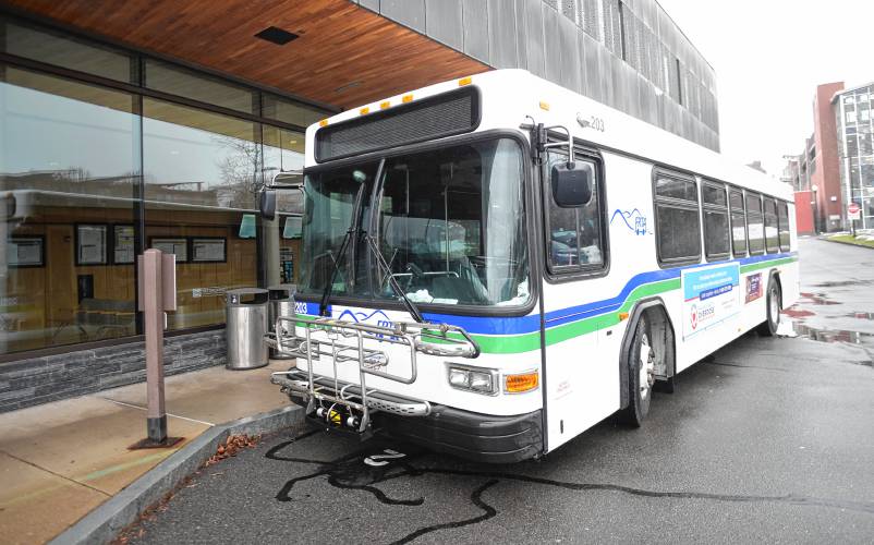 A Franklin Regional Transit Authority (FRTA) bus sits at the John W. Olver Transit Center.