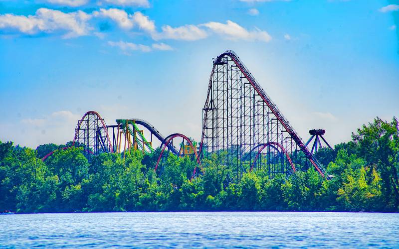 As you move downstream from Pynchon Point to Thompsonville, Connecticut, the Springfield skyline recedes and the roller coasters of Six Flags peak above the horizon. 