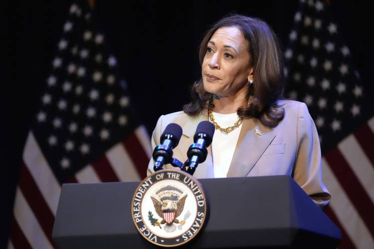 Vice President Kamala Harris delivers remarks at a campaign event in Pittsfield on Saturday.