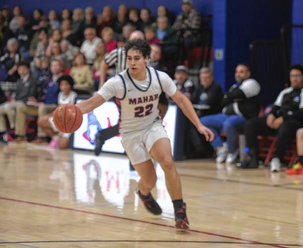 Mahar's Jayden Delgado takes it to the rim in transition against Palmer during a Western Mass. Class C quarterfinal contest in Orange on Friday. 