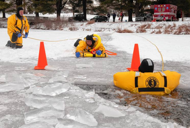 Public safety personnel throughout the region frequently train in ice rescue, including in this 2022 photo out of Easthampton on Nashawannuck Pond.