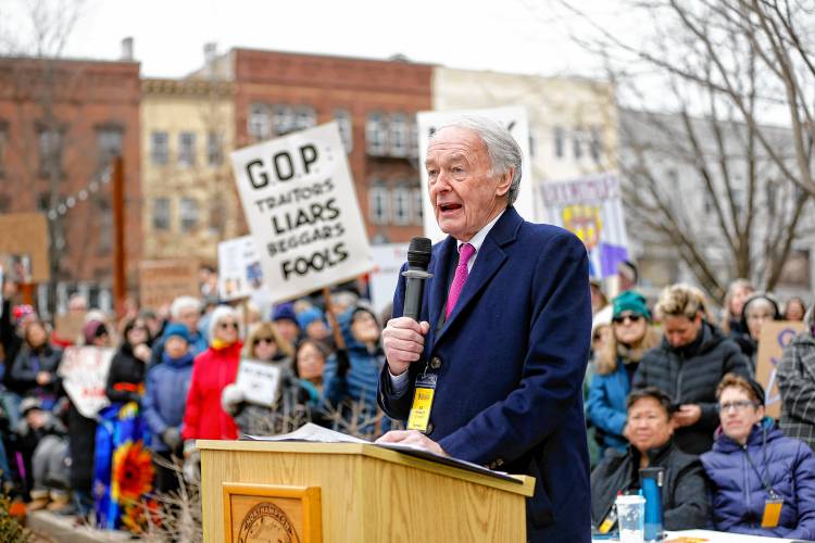 U.S. Sen. Ed Markey speaks to the hundreds gathered in Pulaski Park during a rally Sunday afternoon organized by the group Northampton Resists against what they described as President Donald Trump’s “technocratic dictatorship.” “Everything is on the line,” he said. “We cannot agonize, we must organize.”