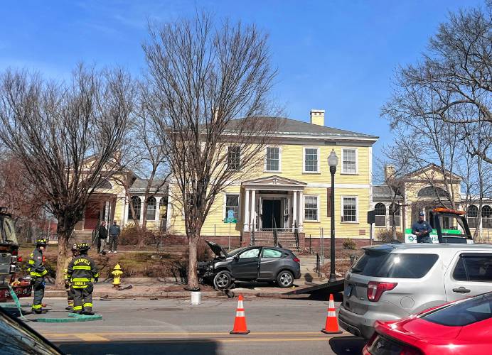 The driver of a silver Honda CR-V struck a tree outside the historic Leavitt-Hovey House on Main Street in Greenfield Friday afternoon after hitting a black Nissan Altima at the intersection of Main and Hope streets, and accelerating into the closed westbound lane. The driver of a silver Honda CR-V struck a tree outside the historic Leavitt-Hovey House on Main Street in Greenfield Friday afternoon after hitting a black Nissan Altima at the intersection of Main and Hope streets, and accelerating into the closed westbound lane.