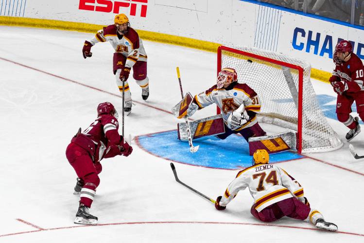 UMass forward Aydar Suniev (16) scores one of his two goals on Thursday night against Minnesota. 