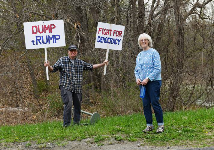 Protesters on their way to the Colrain Street overpass of Interstate 91 in Greenfield on Friday afternoon.