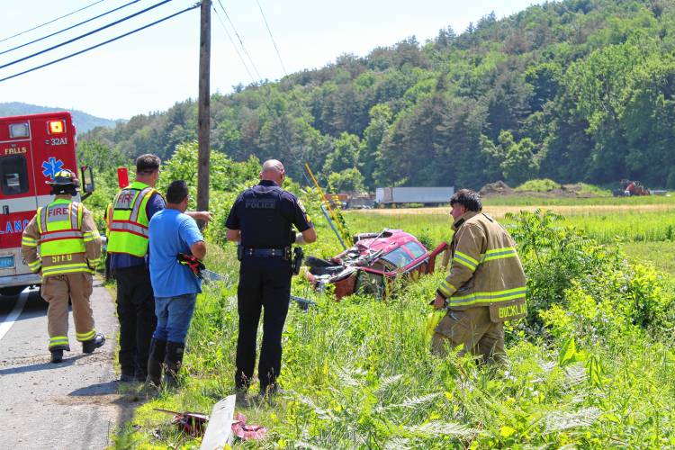 A woman in her 60s was taken to Cooley Dickinson Hospital with non-life-threatening injuries following a rollover crash on Route 112 in Buckland on Wednesday afternoon.