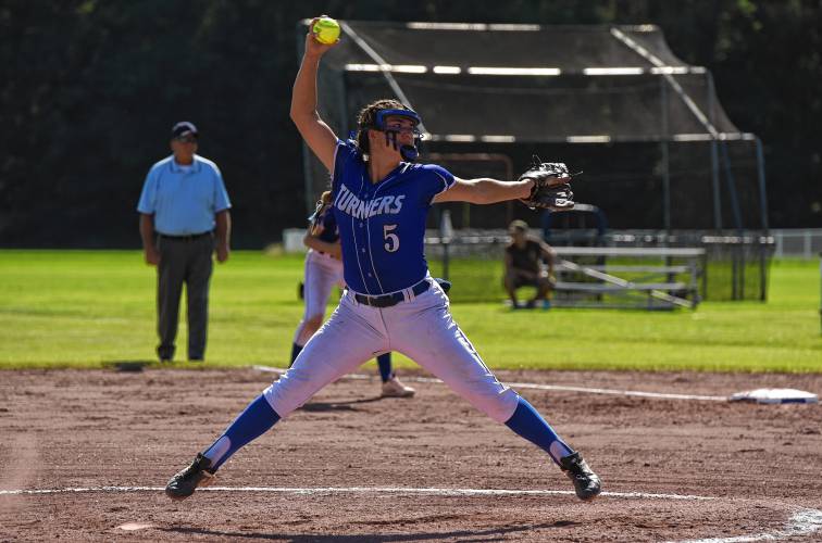Turners Falls’ Madi Liimatainen throws a pitch during the Thunder’s victory over Academy of Notre Dame in the MIAA Division 5 Round of 32 on Monday at Gary Mullins Field in Turners Falls.