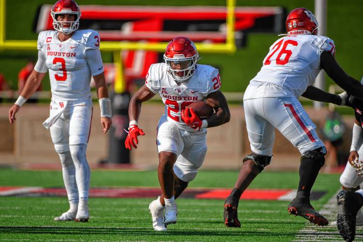 Former Houston running back Brandon Campbell (20) runs the ball against Texas Tech on Sept. 10, 2022, in Lubbock, Texas.