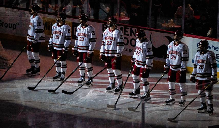 UMass players wait to be introduced before the college hockey game against Boston College at the Mullins Center, Saturday, Feb. 15, 2025, in Amherst. UMass players wait to be introduced before the college hockey game against Boston College at the Mullins Center, Saturday, Feb. 15, 2025, in Amherst.