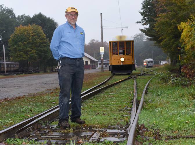 Shelburne Falls Trolley Museum President Sam Bartlett on the tracks with Trolley No. 10.
