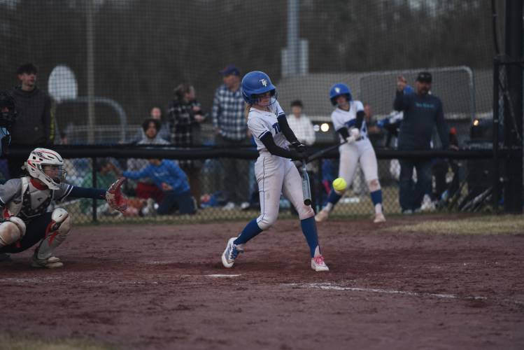 Turners Falls' Madisyn Dietz cracks a hit against Franklin Tech earlier this season at Gary Mullins Field in Turners.