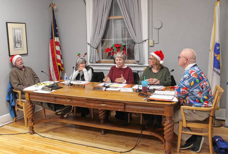 Members of the Orange Selectboard were feeling festive at their meeting on Wednesday. From right are Clerk Andrew Smith, Vice Chair Pat Lussier, member Jane Peirce, member Julie Davis and Chair Tom Smith. Members of the Orange Selectboard were feeling festive at their meeting on Wednesday. From right are Clerk Andrew Smith, Vice Chair Pat Lussier, member Jane Peirce, member Julie Davis and Chair Tom Smith.