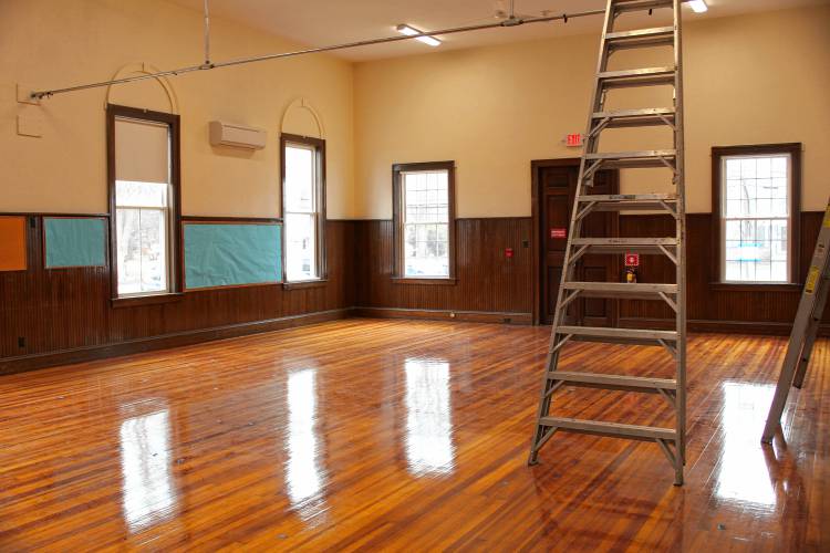 The South Deerfield Congregational Church’s function hall, which will serve as Tilton Library’s temporary home while its expansion project gets underway.
