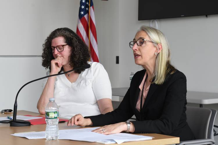 Governor’s Councilor Tara Jacobs, left, and Probate and Family Court judgeship nominee Alexandra Flanders during Flanders’ public hearing in the jury pool room at Greenfield’s Franklin County Justice Center in June. Following a June 26 Governor’s Council hearing, Flanders has been appointed as an associate justice of Probate and Family Court.