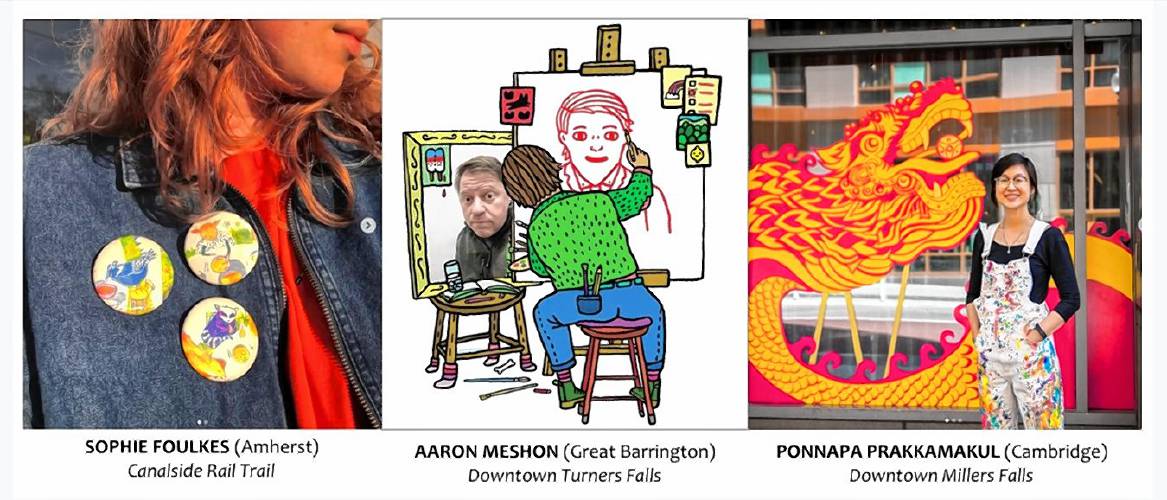 A collage of work from the three artists who were selected to install wheatpaste murals in Montague this summer. From left are Amherst artist Sophie Foulkes, Great Barrington artist Aaron Meshon and Cambridge artist Ponnapa Prakkamakul.