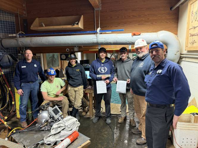 Two Franklin County Technical School seniors in the Welding & Metal Fabrication program got to try underwater welding at the North Atlantic States Carpenters Training Fund facility in Millbury on March 19.