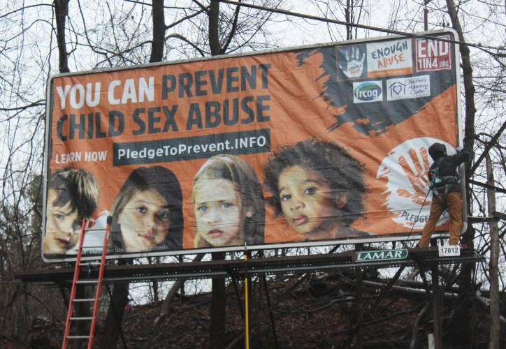 A billboard regarding child sexual abuse prevention is installed at the corner of Mill Street, Deerfield Street and Bank Row in Greenfield earlier this month. A billboard regarding child sexual abuse prevention is installed at the corner of Mill Street, Deerfield Street and Bank Row in Greenfield earlier this month.