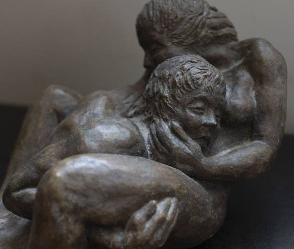 Life, and the outpouring of love, as artist Peg Holcomb describes it, also takes other forms in her “The Love Series” sculptures, with works titled “Beginnings” and “The Blessing.” They will be included in the first exhibit of her work, at Munson Memorial Library in Amherst on Saturday, April 26.