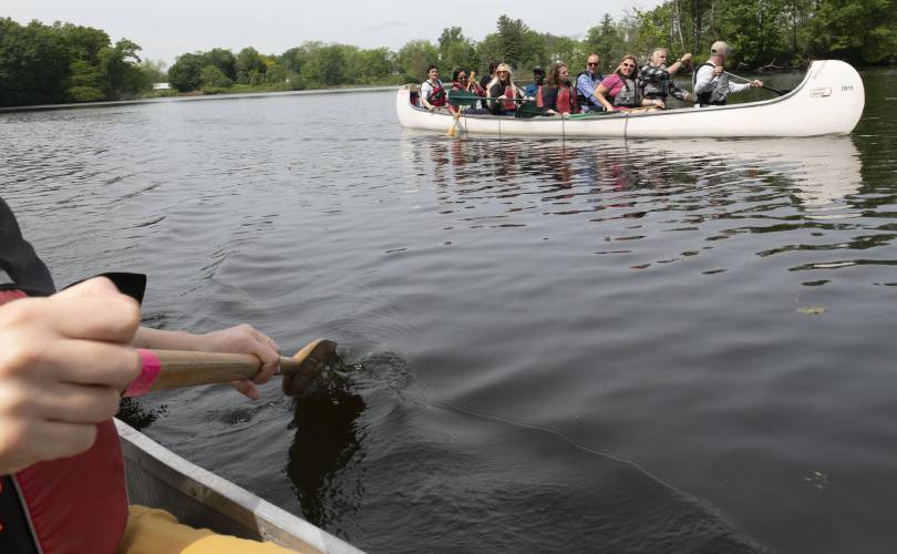  Executive Office of Labor and Workforce Development Secretary Lauren Jones canoes with a group on Lake Warner  in North Hadley as part of a MassHire 250 workforce Innovation Tour on Wednesday morning.