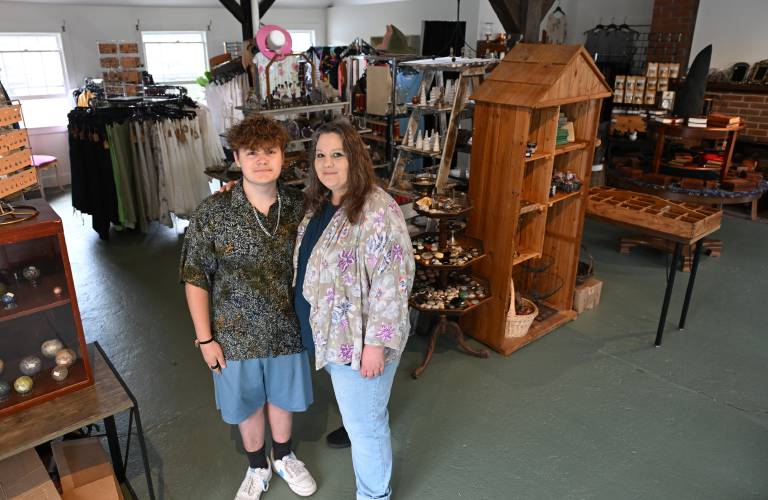 Owner Ellie Richardson, right, and her son Alex Purington at Crystal Visions on State Street in Shelburne Falls.