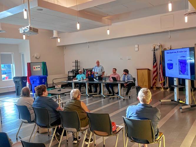 Greenfield officials discuss the city’s change from a manual dual-stream recycling system to an automated single-stream system at the John Zon Community Center on Tuesday.