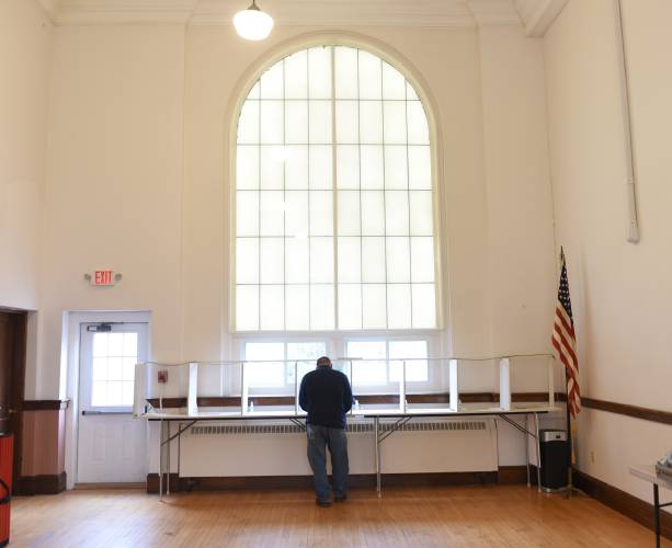 A resident casts their vote at Northfield Town Hall in 2023. Polls will be open in this year’s town election on Tuesday, May 6, from noon to 8 p.m.
