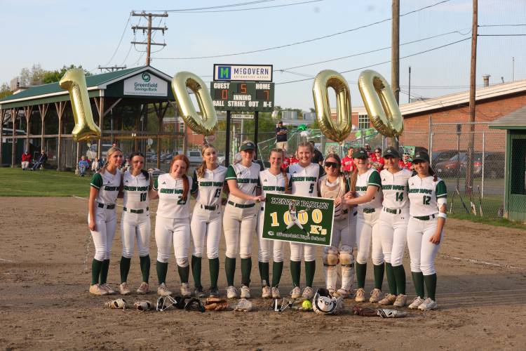 Greenfield's MacKenzie Paulin with teammates after recording her 1,000th career strikeout on Wednesday against Mount Greylock at Vets Field. Greenfield's MacKenzie Paulin with teammates after recording her 1,000th career strikeout on Wednesday against Mount Greylock at Vets Field.