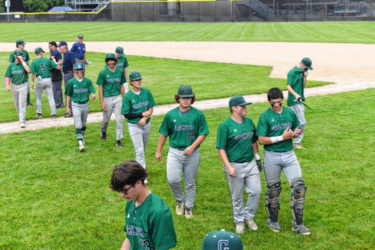 The Greenfield baseball team walks back to dug out after suffering a 2-0 loss to Boston English in the MIAA Division 5 semifinal round on Tuesday at Assumption University in Worcester.