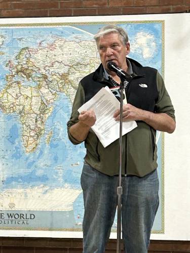 Shelburne resident John Walsh speaks during Annual Town Meeting on Tuesday.