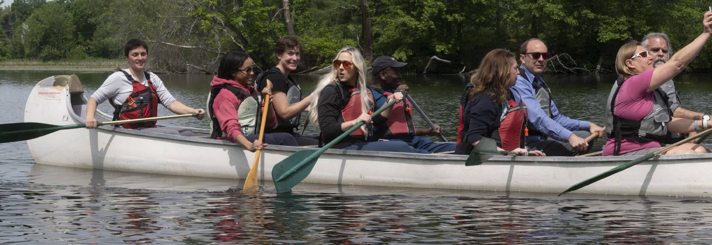 Lauren Jones, secretary of the state’s Executive Office of Labor and Workforce Development,  canoes with a group on Lake Warner in North Hadley as part of a MassHire 250 workforce Innovation Tour on Wednesday morning. 
