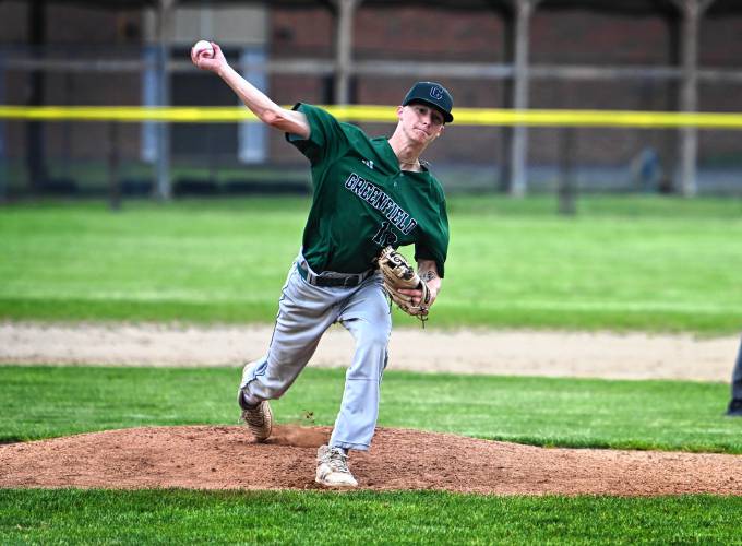 Greenfield’s Caleb Thomas pitches against Athol at Veterans Field in Greenfield during the Western Mass. Class C tournament. 
