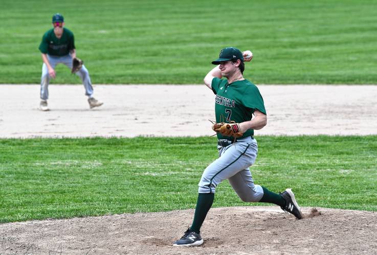 Greenfield’s Michael Pierce pitches against Boston English during the Green Wave’s 2-0 loss in the MIAA Division 5 semifinal round on Tuesday at Assumption University in Worcester.