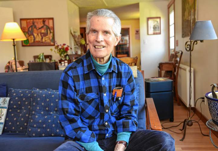 Randy Kehler, pictured in his Shelburne Falls home in 2021, died on Sunday. He was 80 years old.