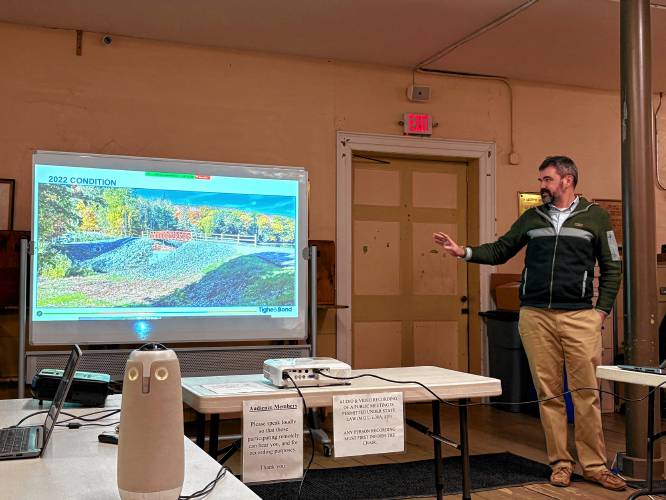 Tighe & Bond engineer Dan Buttrick talks about the existing conditions of the Ashfield Lake Dam.