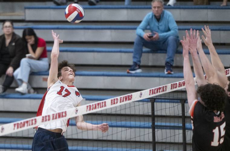 Frontier's Tegan Dexter (17) looks to spike the ball during the volleyball game against Belchertown at Frontier High School, Thursday, April 24, 2025, in South Deerfield.