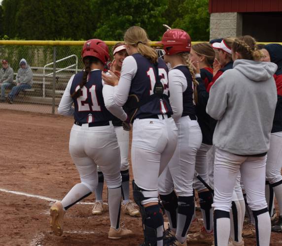 Frontier’s Raine Wonsey (21) touches home plate after sending a home run over the left-field fence during the Redhawks’ game with South Hadley on Monday afternoon in South Deerfield.